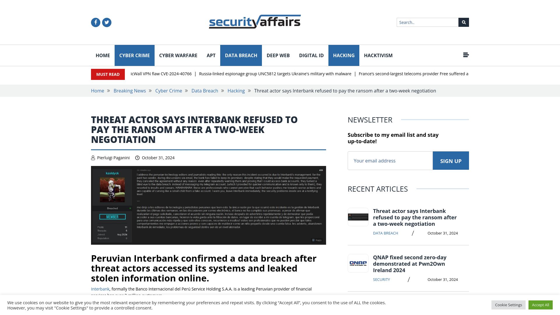 Threat actor says Interbank refused to pay the ransom after a two-week negotiation