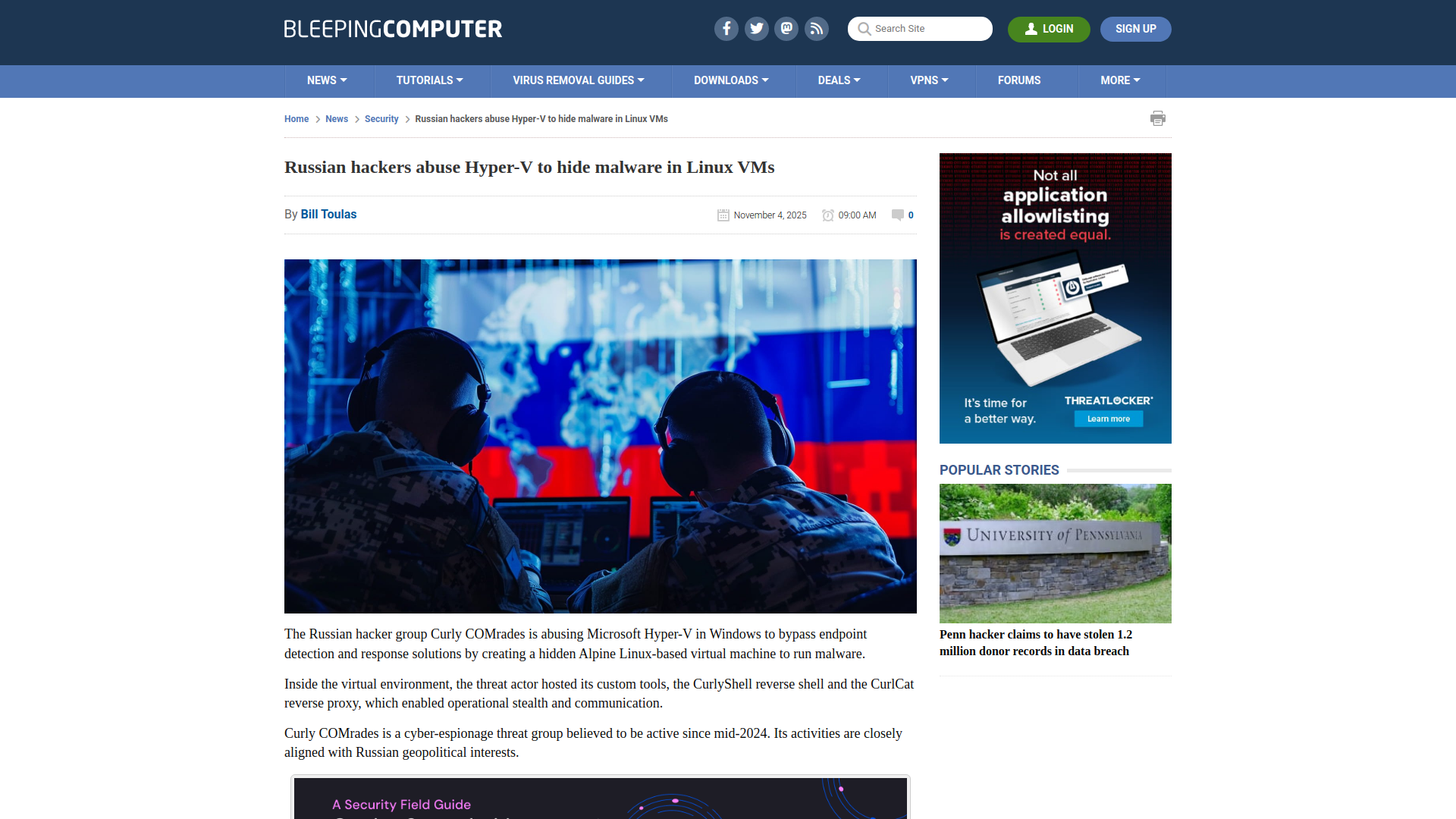 Russian hackers abuse Hyper-V to hide malware in Linux VMs