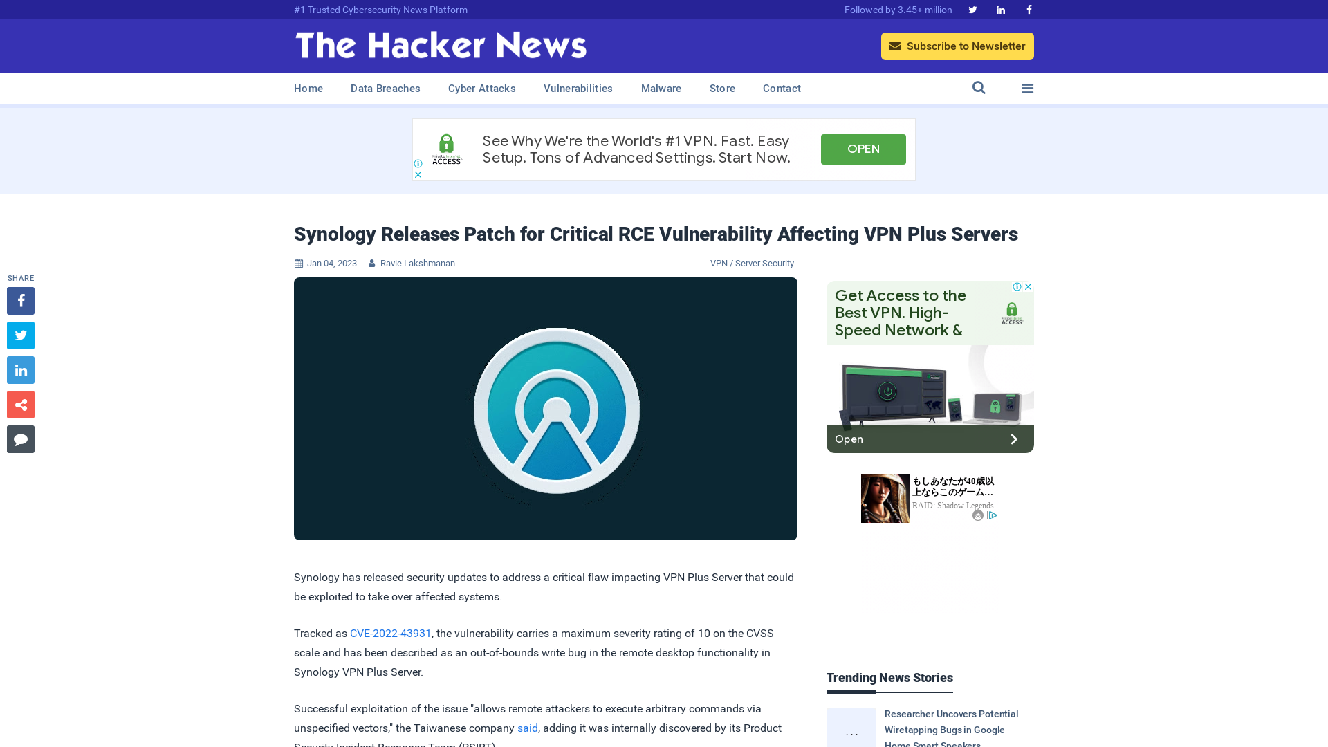 Synology Releases Patch for Critical RCE Vulnerability Affecting VPN Plus Servers