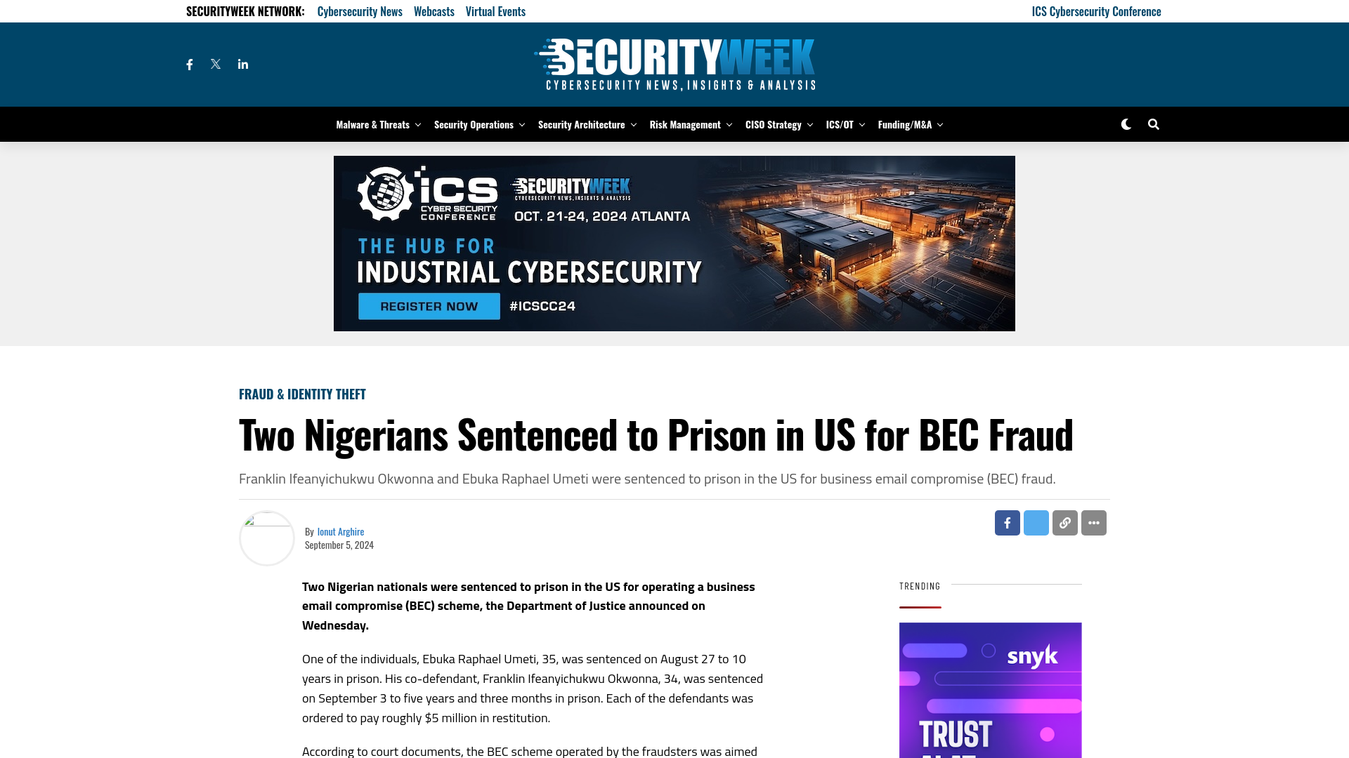 Two Nigerians Sentenced to Prison in US for BEC Fraud - SecurityWeek