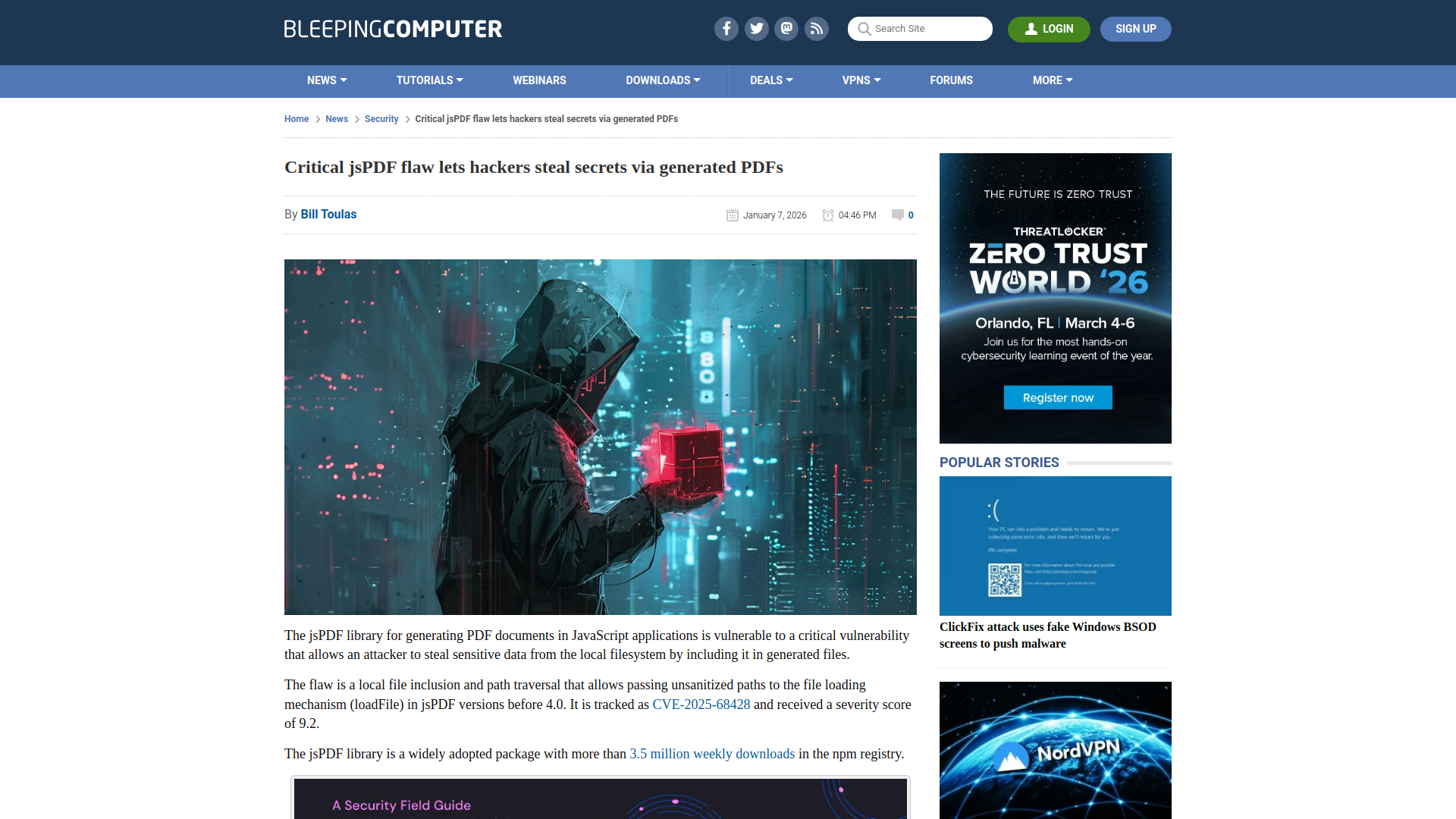 Critical jsPDF flaw lets hackers steal secrets via generated PDFs