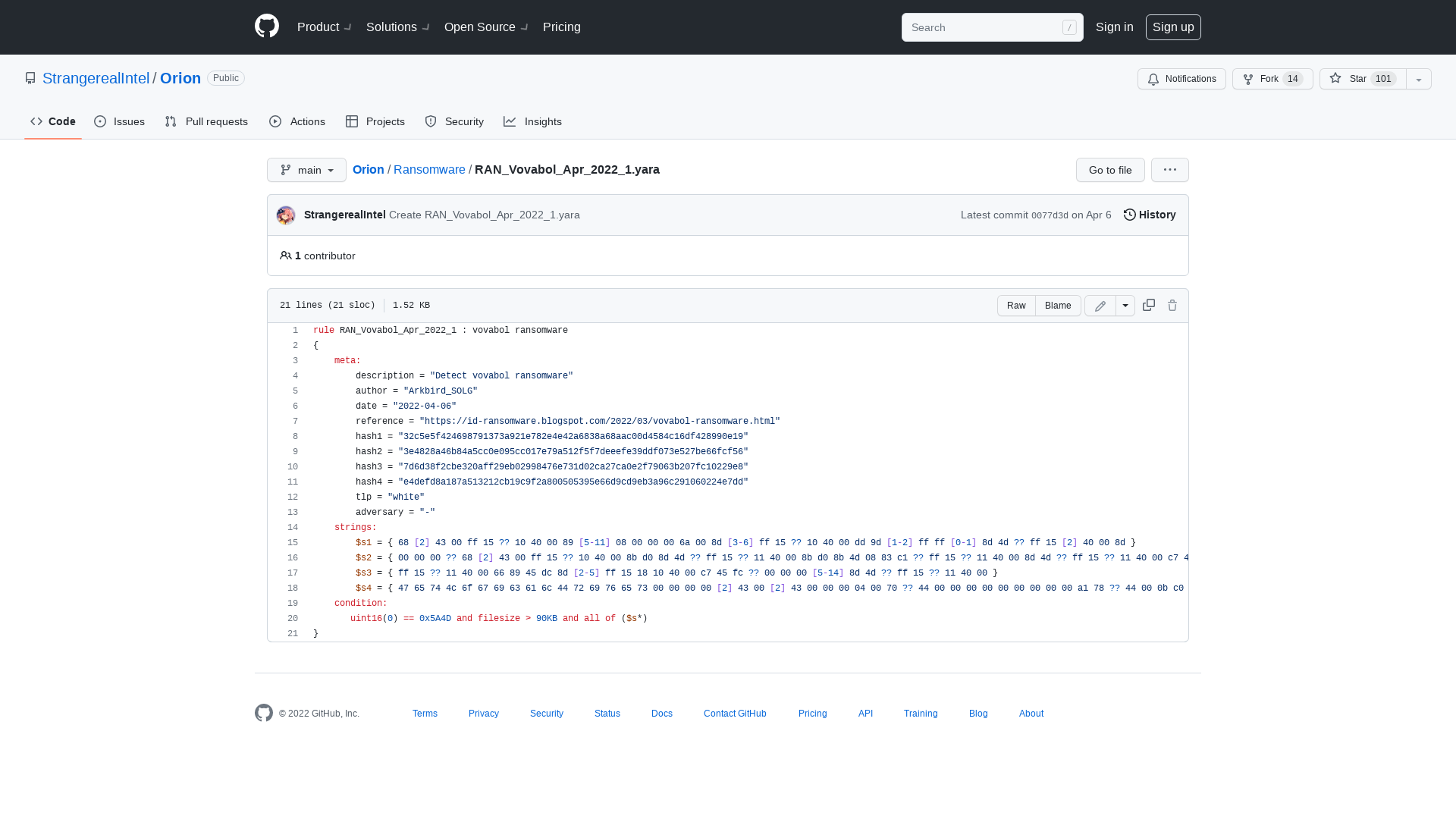 Orion/RAN_Vovabol_Apr_2022_1.yara at main · StrangerealIntel/Orion · GitHub