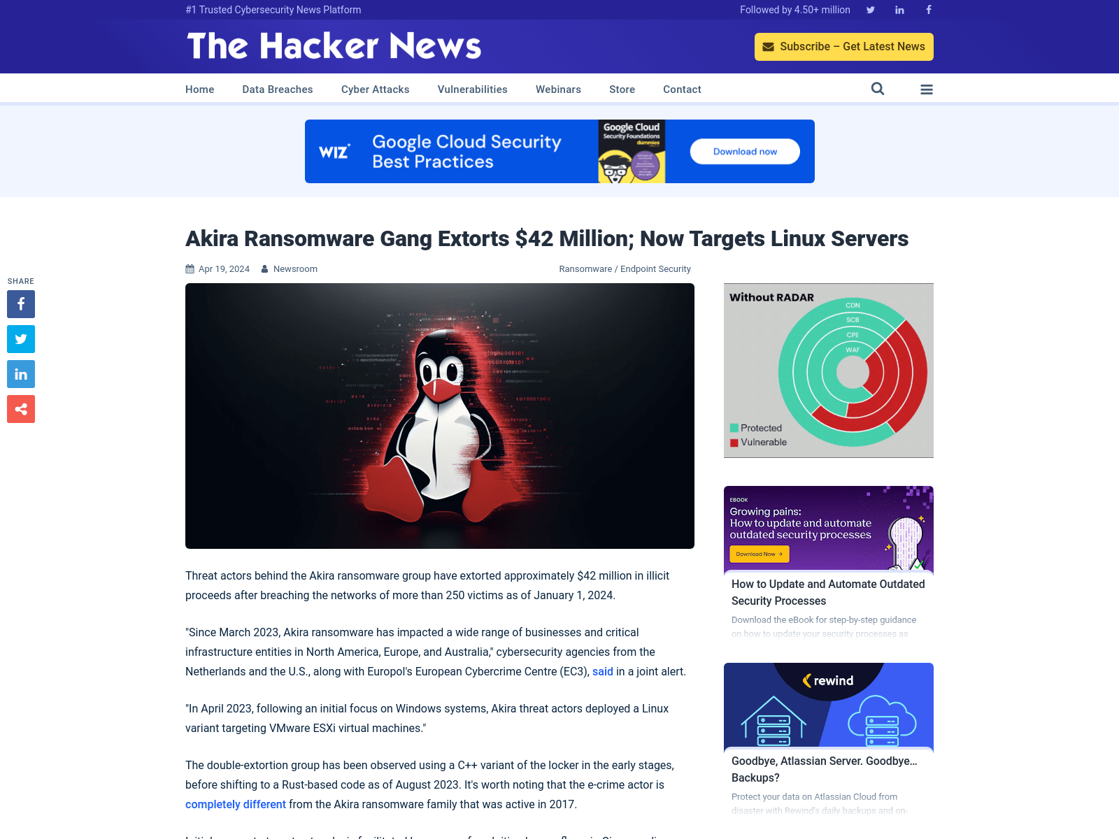 Akira Ransomware Gang Extorts $42 Million; Now Targets Linux Servers