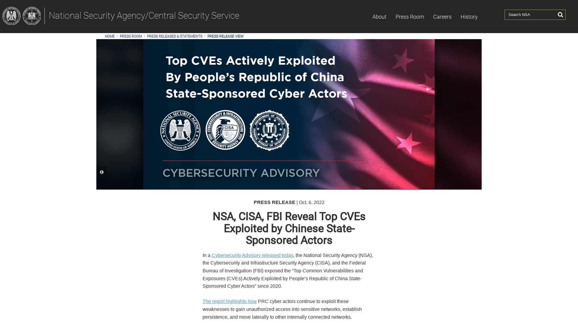 NSA, CISA, FBI Reveal Top CVEs Exploited by Chinese State-Sponsored Actors > National Security Agency/Central Security Service > Press Release View