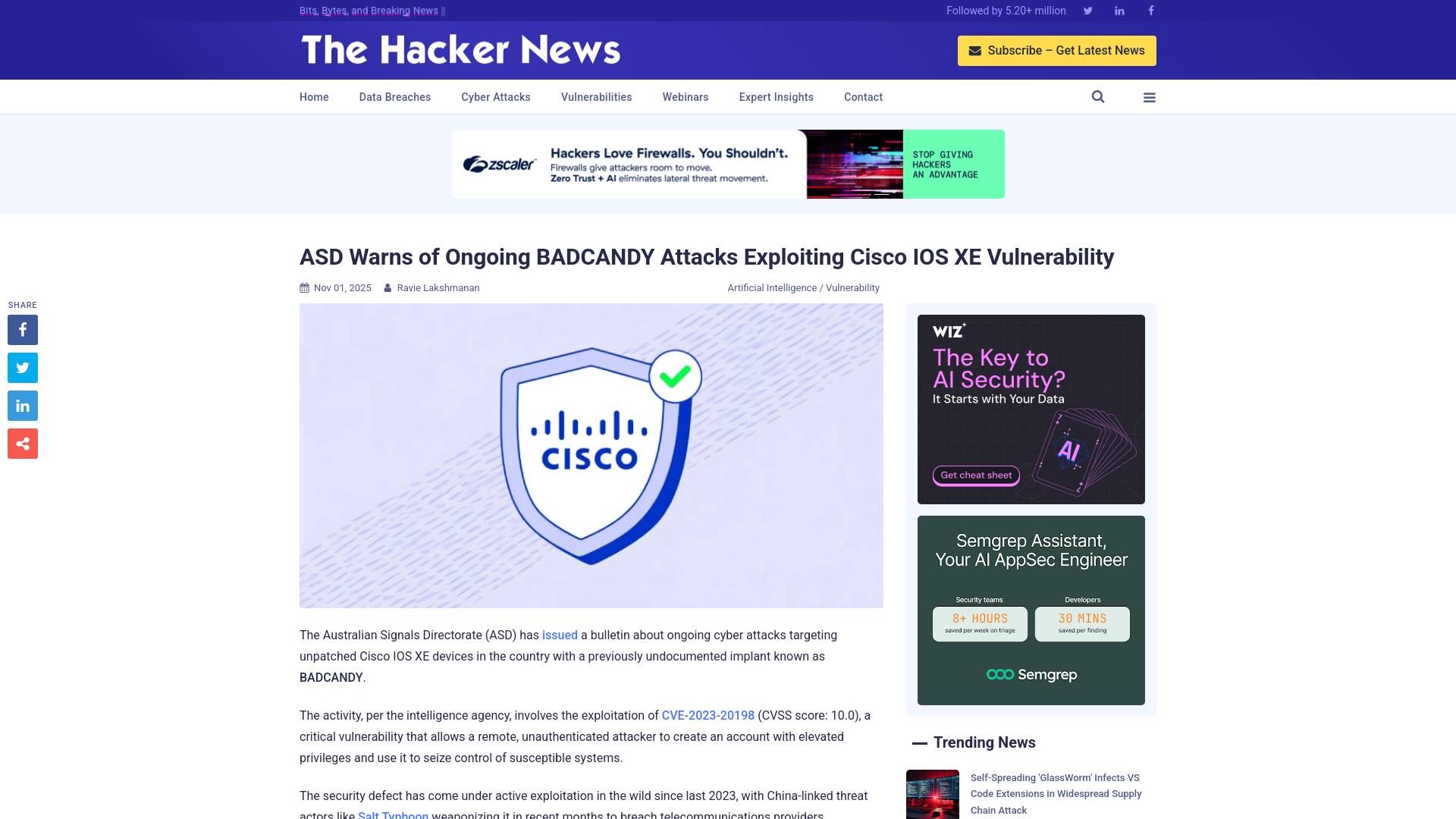 ASD Warns of Ongoing BADCANDY Attacks Exploiting Cisco IOS XE Vulnerability