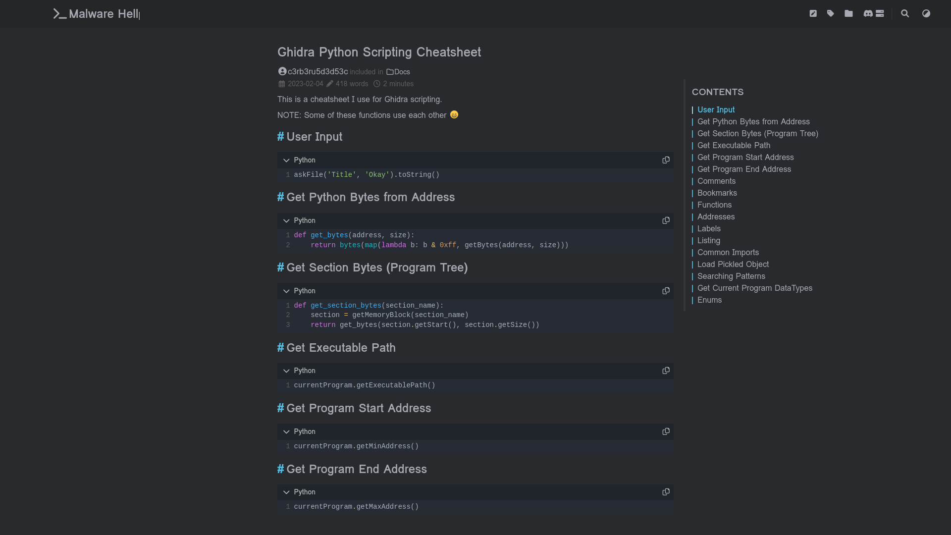 Ghidra Python Scripting Cheatsheet - Malware Hell