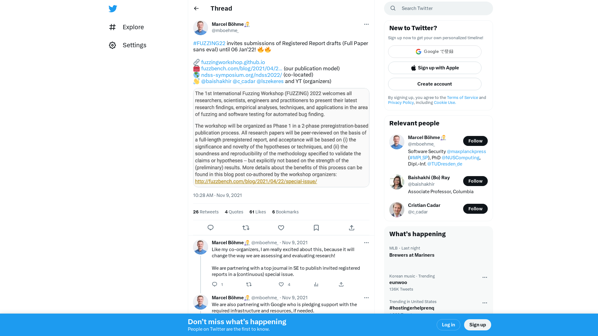 Marcel Böhme👨‍🔬 on Twitter: "#FUZZING22 invites submissions of Registered Report drafts (Full Paper sans eval) until 06 Jan'22! 🔥🔥 🔗 https://t.co/ZmSR3npI9P 🧰 https://t.co/JovBW5QbfM (our publication model) 🌎 https://t.co/xuuAbb2hVP (co-located) 👋 @baishakhir @c_cadar @lszekeres and YT (organizers) https://t.co/vSoQrMSskd" / Twitter