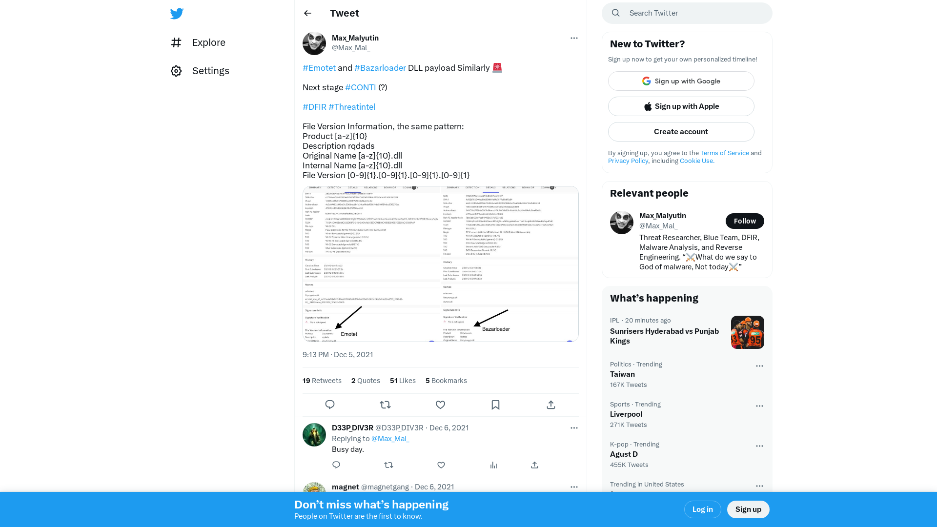 Max_Malyutin on Twitter: "#Emotet and #Bazarloader DLL payload Similarly 🚨 Next stage #CONTI (?) #DFIR #Threatintel File Version Information, the same pattern: Product [a-z]{10} Description rqdads Original Name [a-z]{10}.dll Internal Name [a-z]{10}.dll File Version [0-9]{1}.[0-9]{1}.[0-9]{1}.[0-9]{1} https://t.co/ptQq68Ye3E" / Twitter
