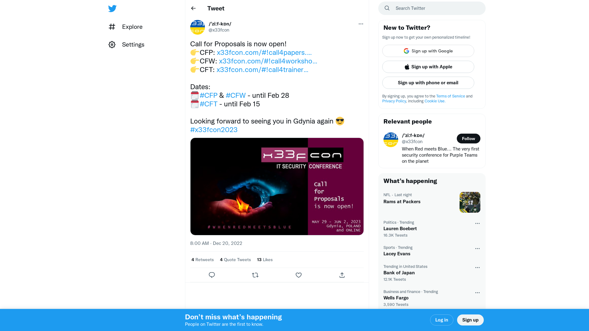 /ˈziːf-kɒn/ on Twitter: "Call for Proposals is now open! 👉CFP: https://t.co/NbQHC0znvR 👉CFW: https://t.co/81otU0Dhm8 👉CFT: https://t.co/SGttIqz05H Dates: 🗓️#CFP &amp; #CFW - until Feb 28 🗓️#CFT - until Feb 15 Looking forward to seeing you in Gdynia again 😎 #x33fcon2023 https://t.co/hkDbRCVAUD" / Twitter