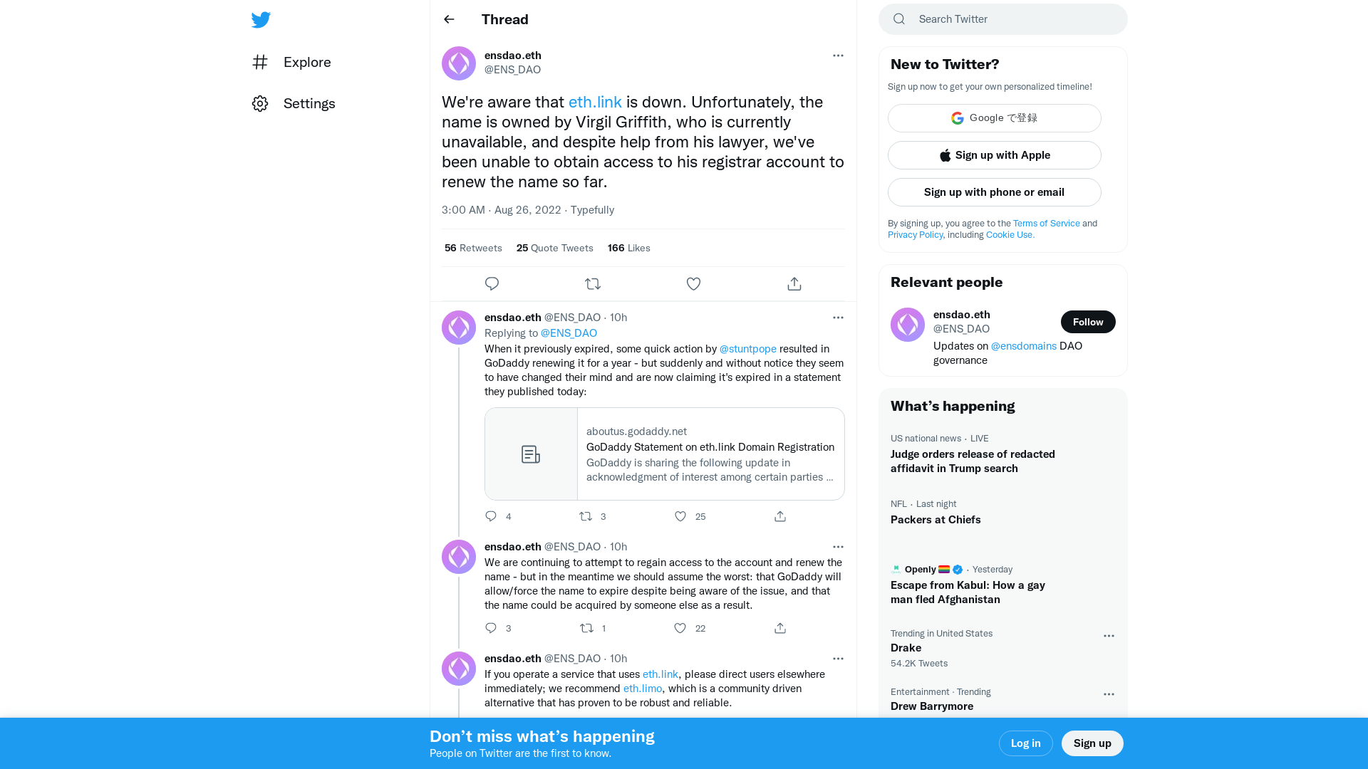 ensdao.eth on Twitter: "We're aware that https://t.co/C7Kj40AtGU is down. Unfortunately, the name is owned by Virgil Griffith, who is currently unavailable, and despite help from his lawyer, we've been unable to obtain access to his registrar account to renew the name so far." / Twitter