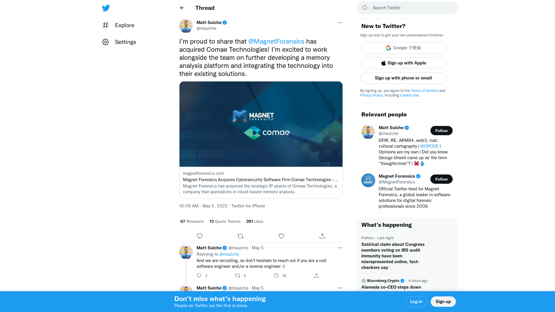 Matt Suiche on Twitter: "I’m proud to share that @MagnetForensics has acquired Comae Technologies! I’m excited to work alongside the team on further developing a memory analysis platform and integrating the technology into their existing solutions. https://t.co/sVd6pdkr3z" / Twitter