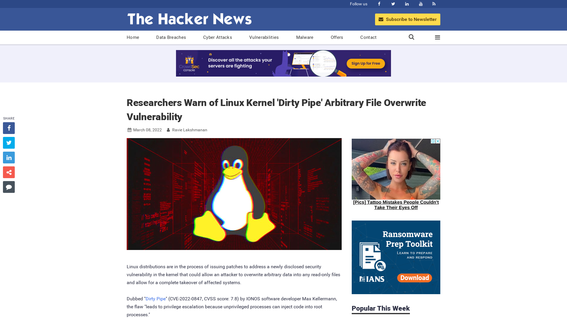 Researchers Warn of Linux Kernel 'Dirty Pipe' Arbitrary File Overwrite Vulnerability