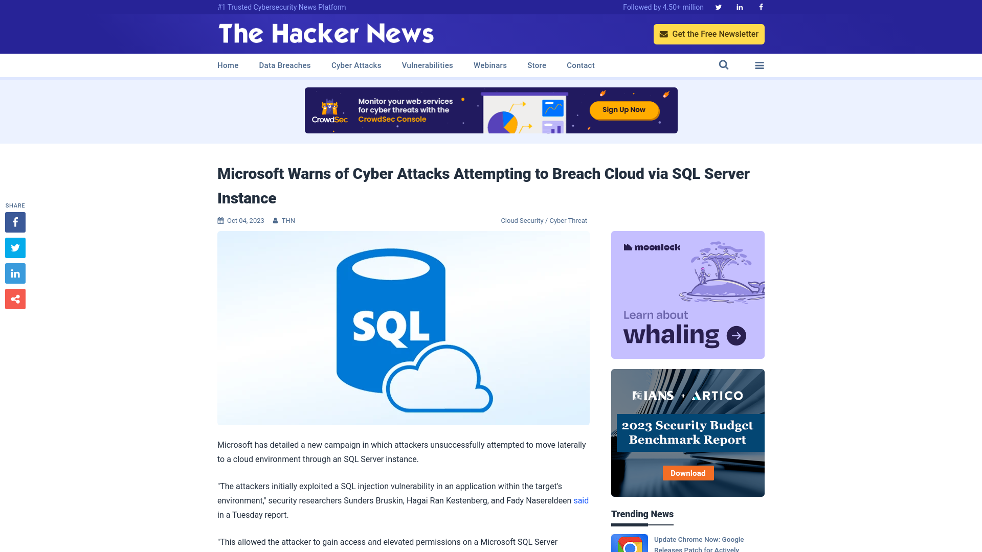 Microsoft Warns of Cyber Attacks Attempting to Breach Cloud via SQL Server Instance