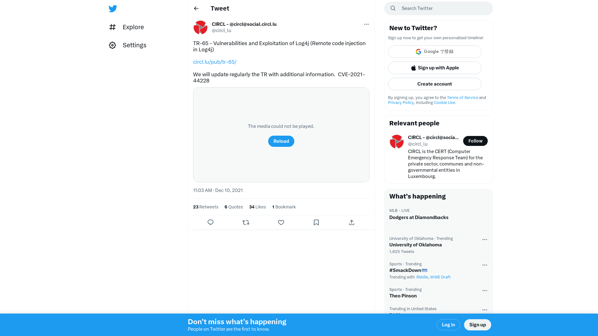 CIRCL - @circl@social.circl.lu on Twitter: "TR-65 - Vulnerabilities and Exploitation of Log4j (Remote code injection in Log4j) https://t.co/YqFmTTFQFK We will update regularly the TR with additional information. CVE-2021-44228 https://t.co/4GNcI1CmdA" / Twitter
