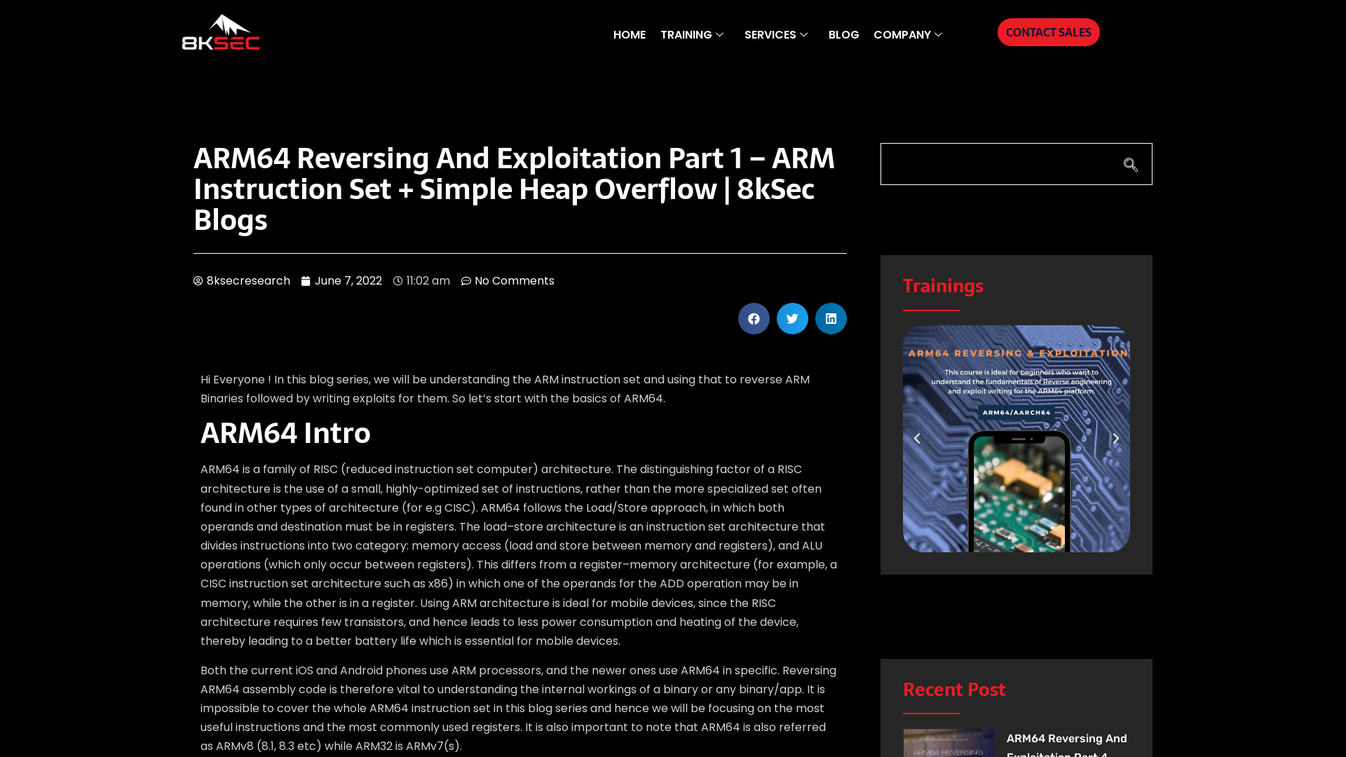 ARM64 Reversing And Exploitation Part 1 – ARM Instruction Set + Simple Heap Overflow | 8kSec Blogs