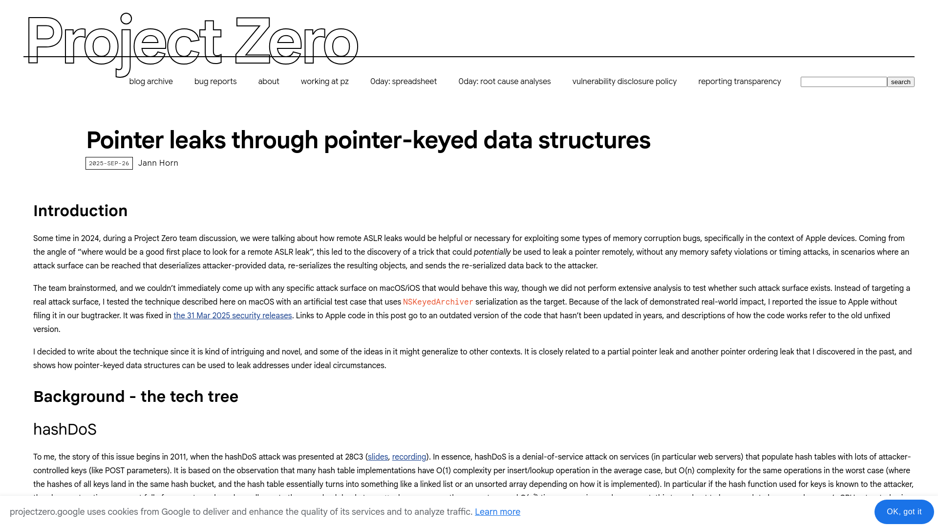 Pointer leaks through pointer-keyed data structures - Project Zero