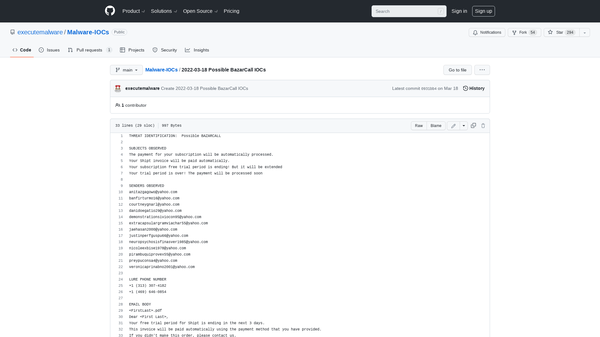 Malware-IOCs/2022-03-18 Possible BazarCall IOCs at main · executemalware/Malware-IOCs · GitHub