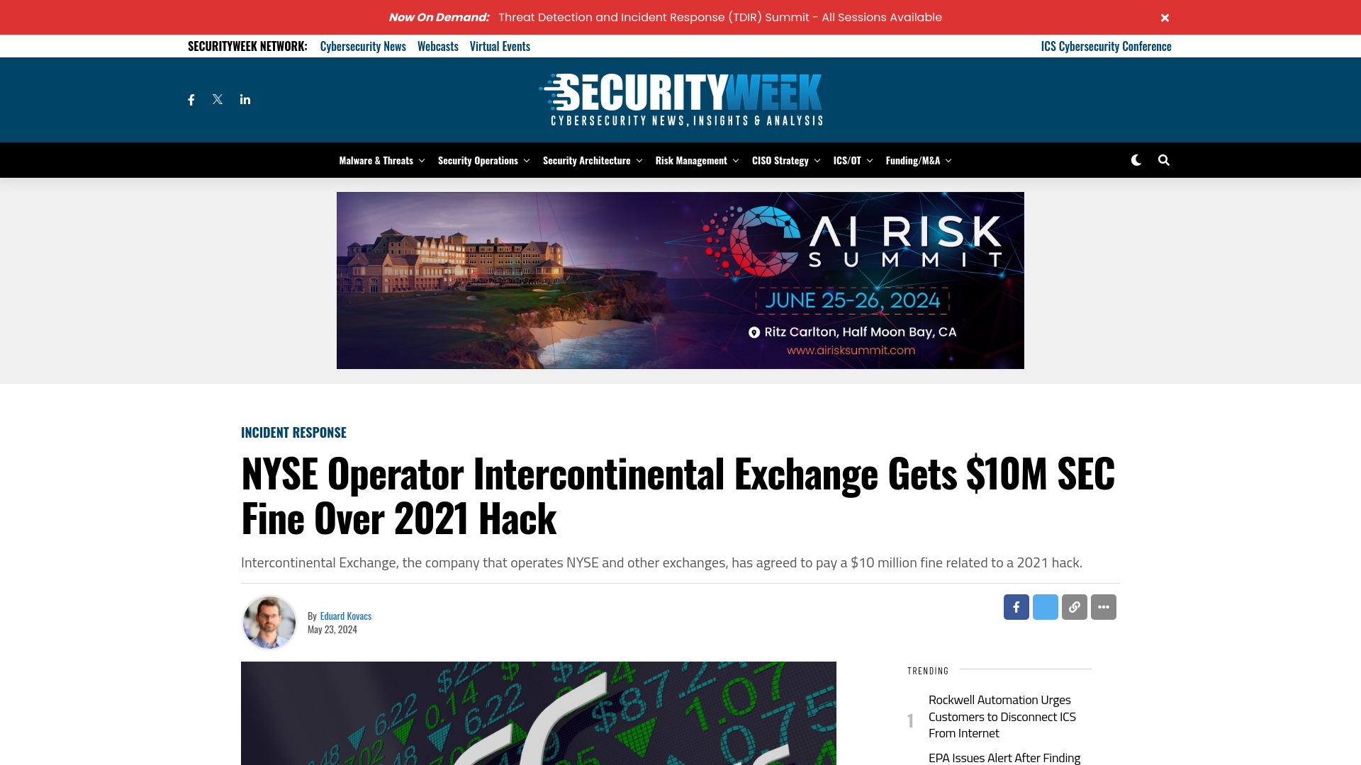 NYSE Operator Intercontinental Exchange Gets $10M SEC Fine Over 2021 Hack - SecurityWeek