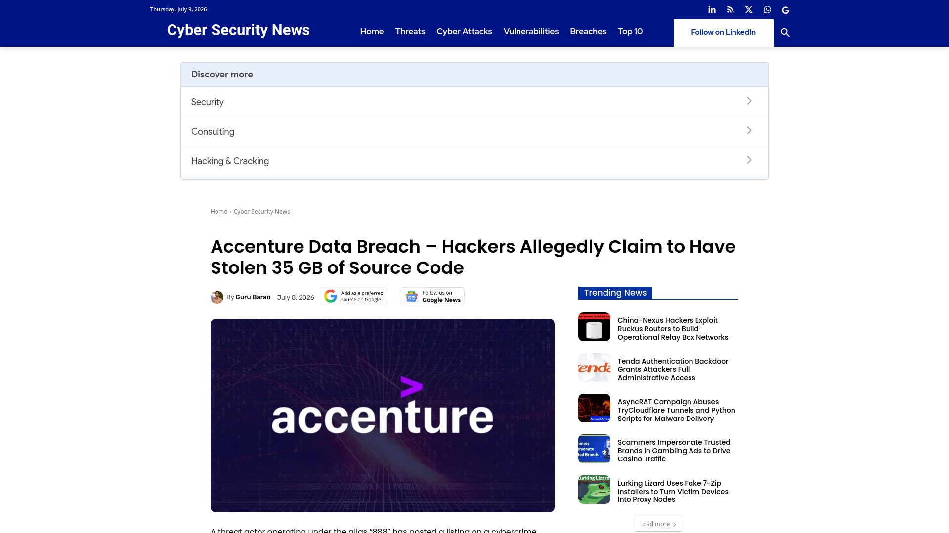 Accenture Data Breach - Hackers Allegedly Claim to Have Stolen 35 GB of Source Code