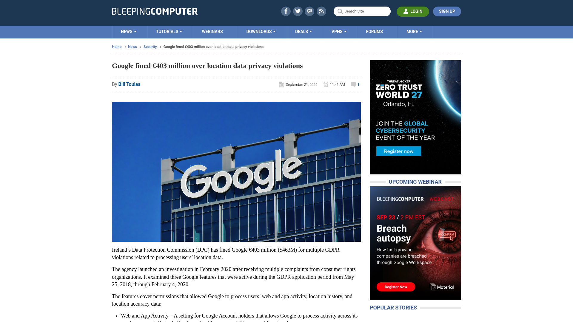 Google fined €403 million over location data privacy violations
