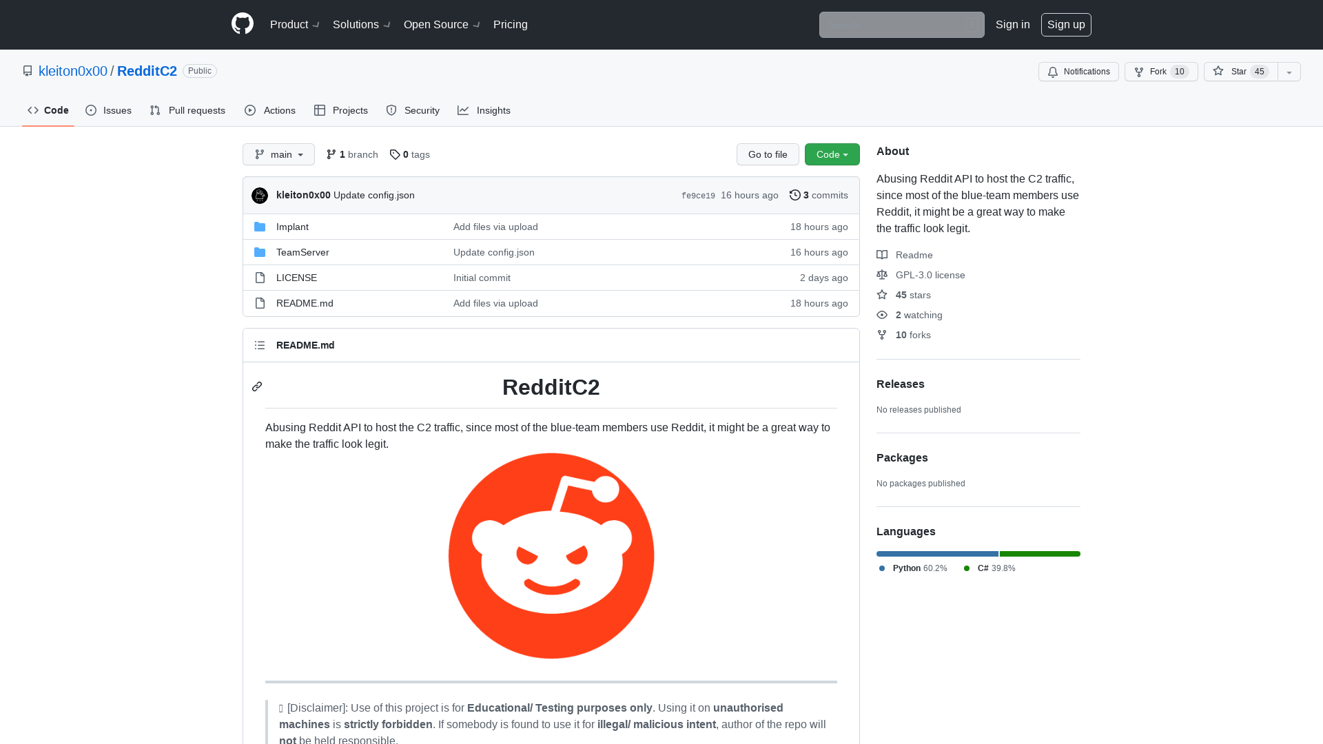 GitHub - kleiton0x00/RedditC2: Abusing Reddit API to host the C2 traffic, since most of the blue-team members use Reddit, it might be a great way to make the traffic look legit.