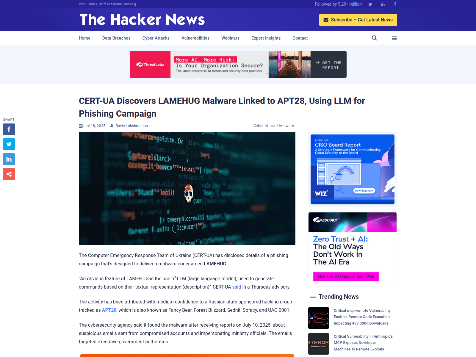 CERT-UA Discovers LAMEHUG Malware Linked to APT28, Using LLM for Phishing Campaign