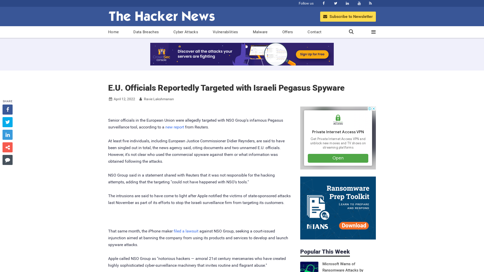 E.U. Officials Reportedly Targeted with Israeli Pegasus Spyware