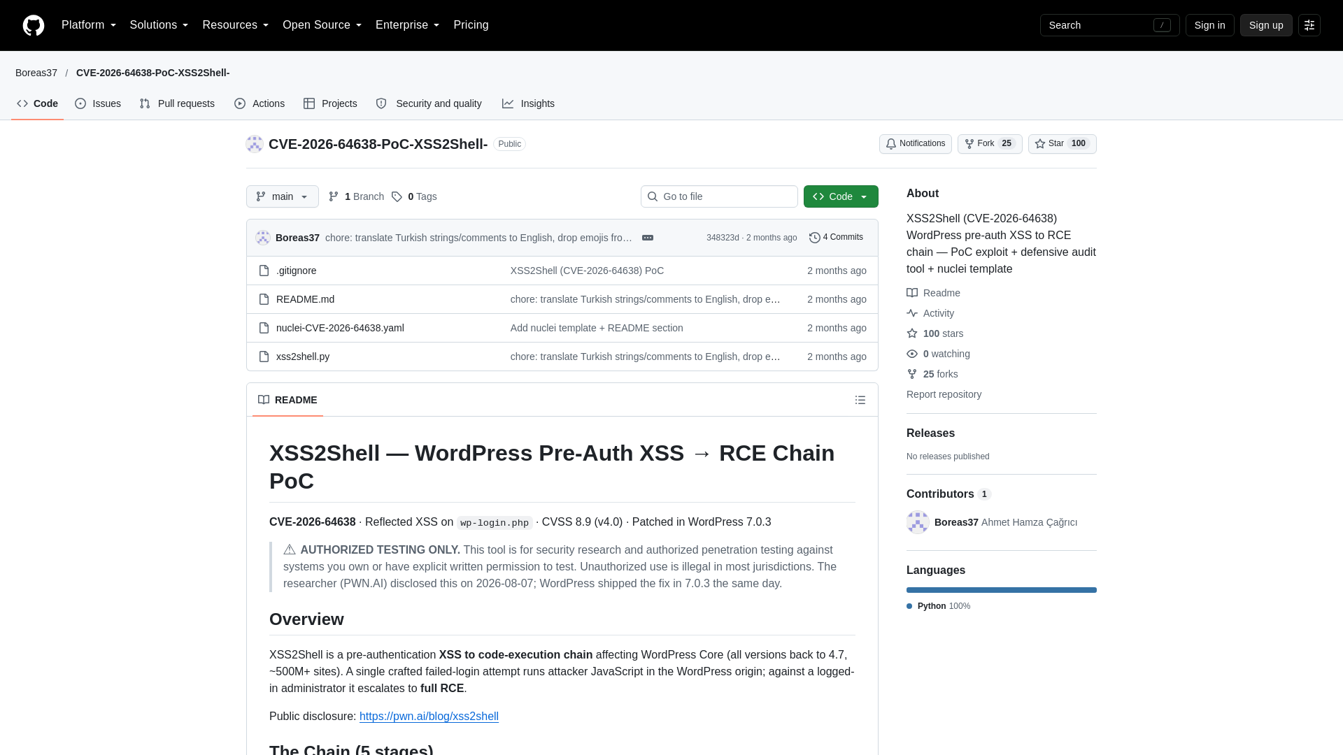 GitHub - Boreas37/CVE-2026-64638-PoC-XSS2Shell-: XSS2Shell (CVE-2026-64638) WordPress pre-auth XSS to RCE chain — PoC exploit + defensive audit tool + nuclei template · GitHub