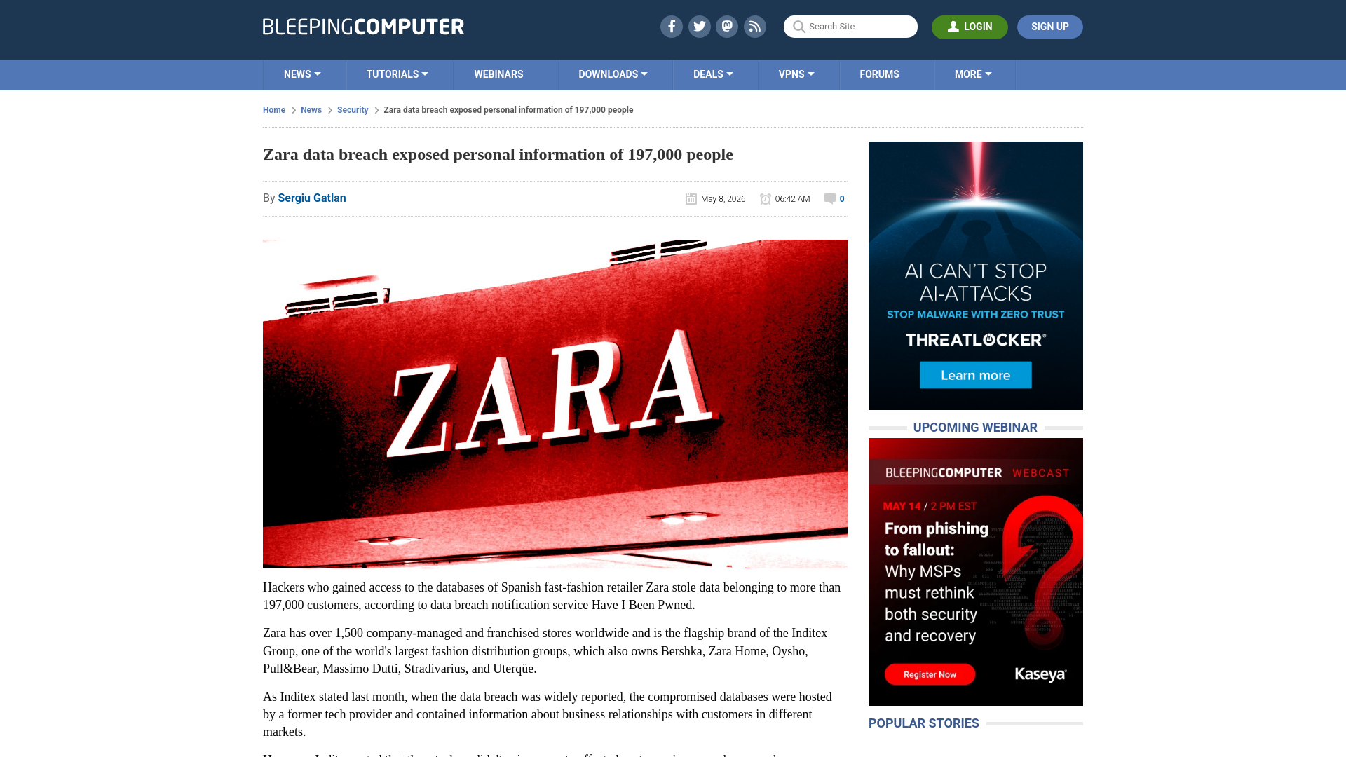 Zara data breach exposed personal information of 197,000 people