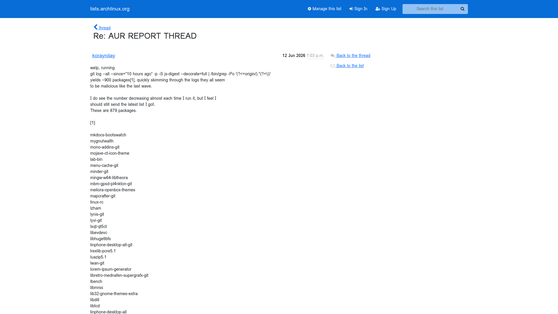 Re: AUR REPORT THREAD - Aur-general - lists.archlinux.org