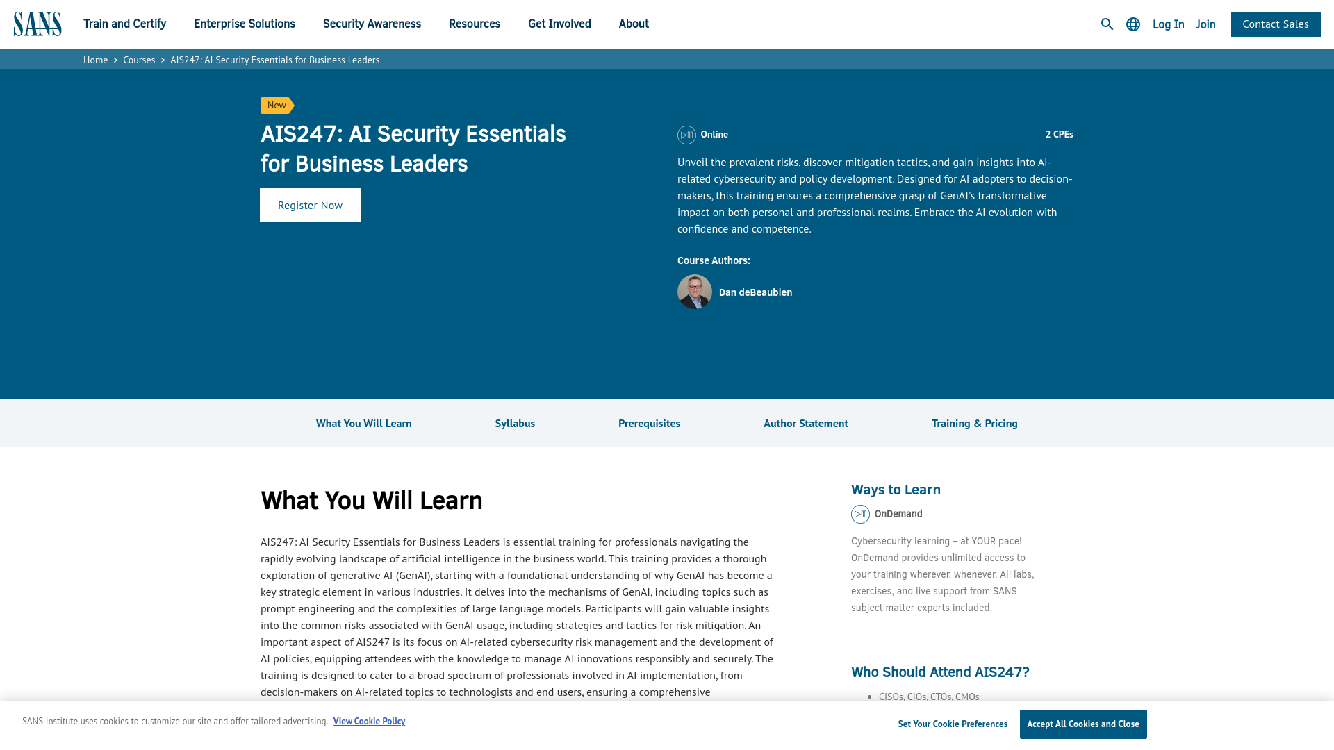 AIS247: AI Security Essentials for Business Leaders | SANS Institute