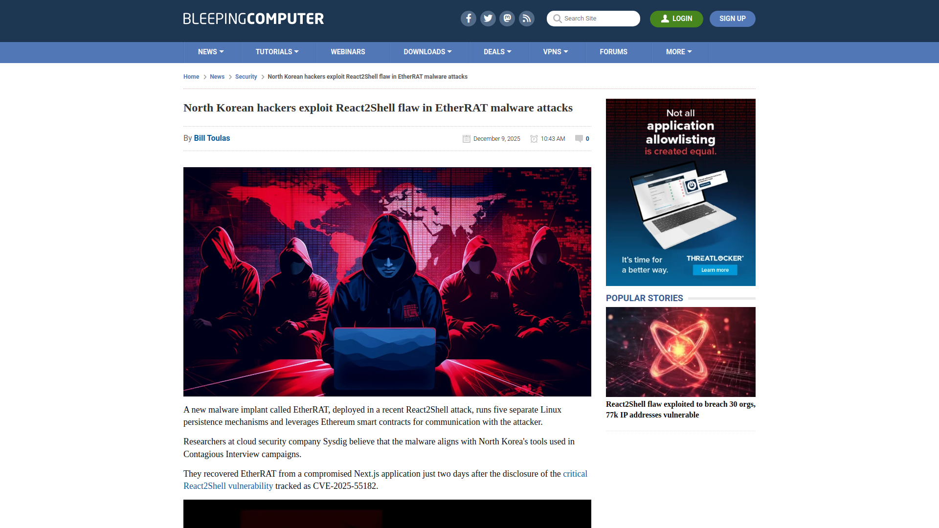 North Korean hackers exploit React2Shell flaw in EtherRAT malware attacks