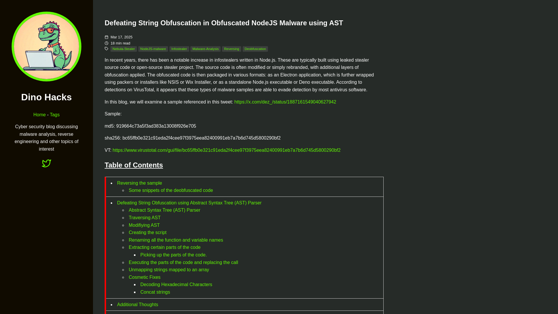 Defeating String Obfuscation in Obfuscated NodeJS Malware using AST // Dino Hacks