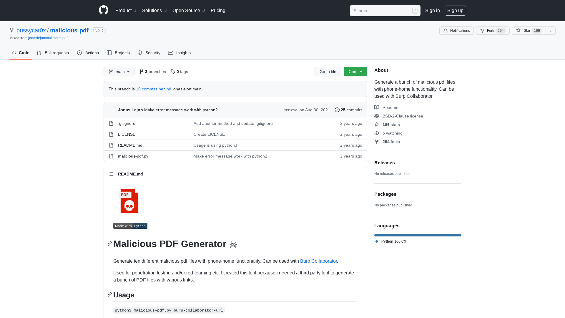 GitHub - pussycat0x/malicious-pdf: Generate a bunch of malicious pdf files with phone-home functionality. Can be used with Burp Collaborator