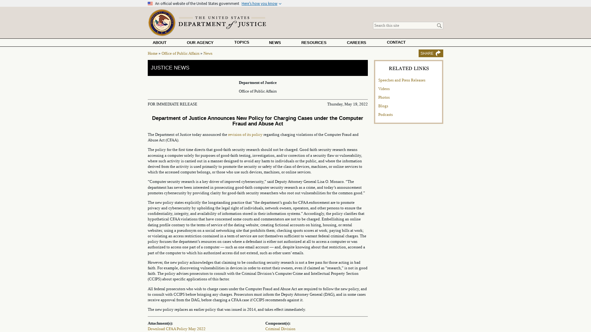 Department of Justice Announces New Policy for Charging Cases under the Computer Fraud and Abuse Act | OPA | Department of Justice