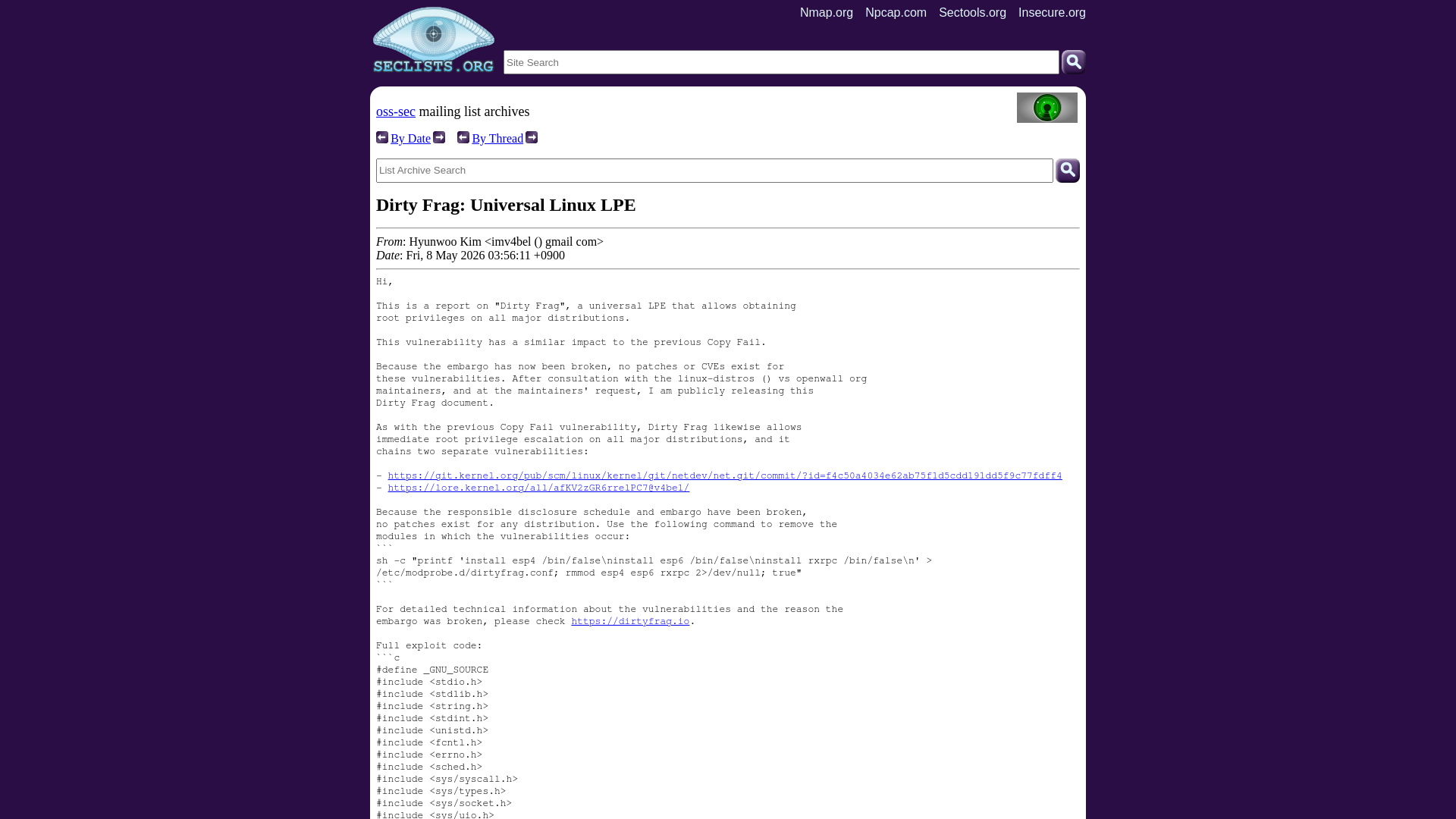 oss-sec: Dirty Frag: Universal Linux LPE