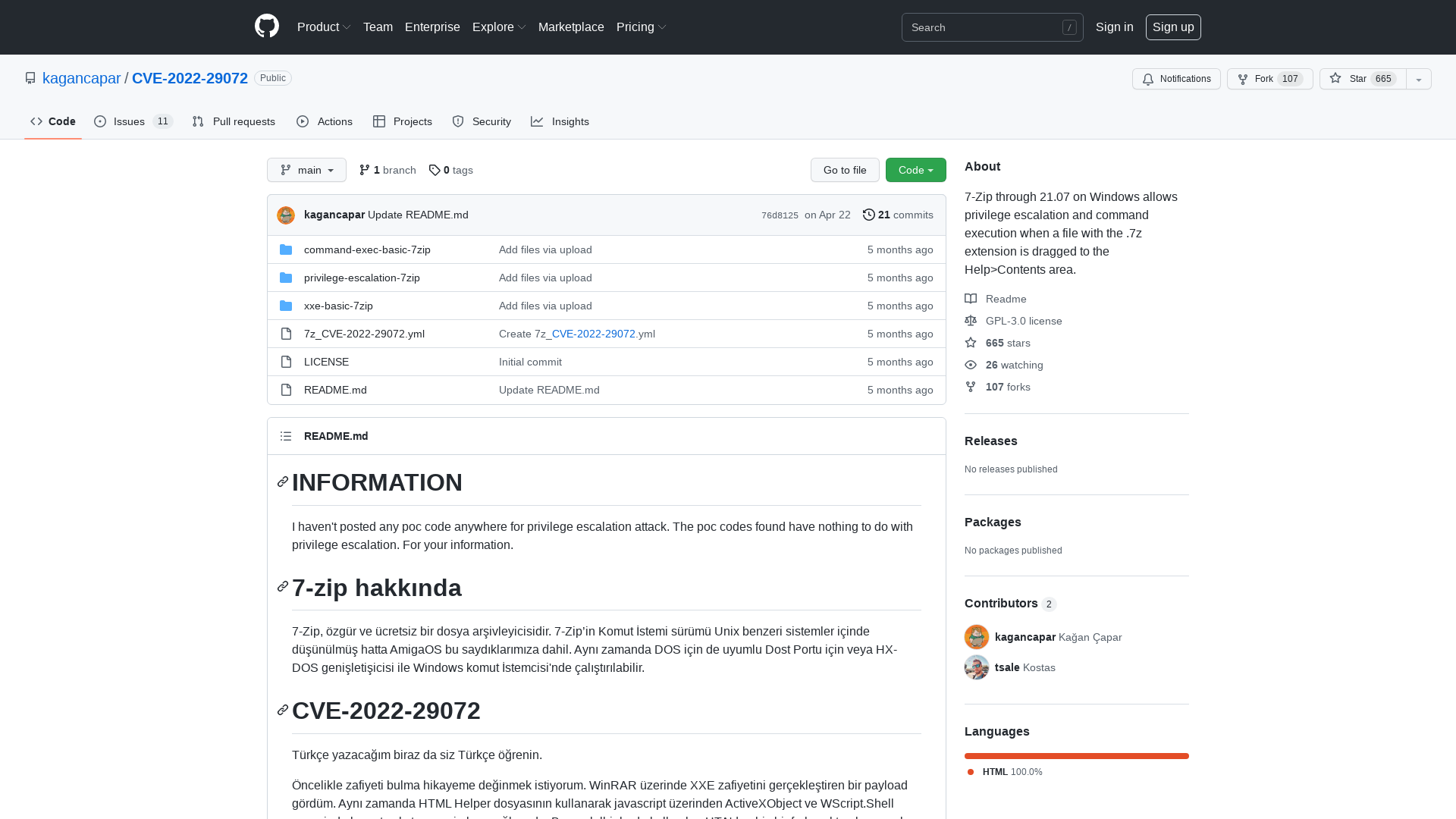 GitHub - kagancapar/CVE-2022-29072: 7-Zip through 21.07 on Windows allows privilege escalation and command execution when a file with the .7z extension is dragged to the Help>Contents area.