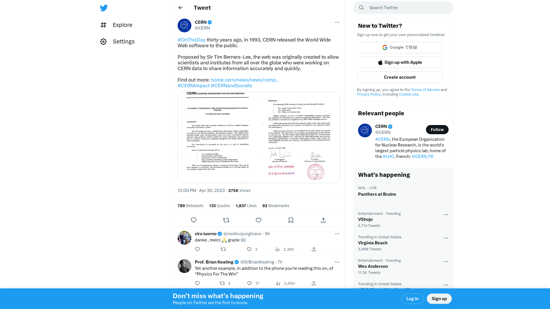 CERN on Twitter: "#OnThisDay thirty years ago, in 1993, CERN released the World Wide Web software to the public. Proposed by Sir Tim Berners-Lee, the web was originally created to allow scientists and institutes from all over the globe who were working on CERN data to share information accurately… https://t.co/ONPG6t3Jdl" / Twitter