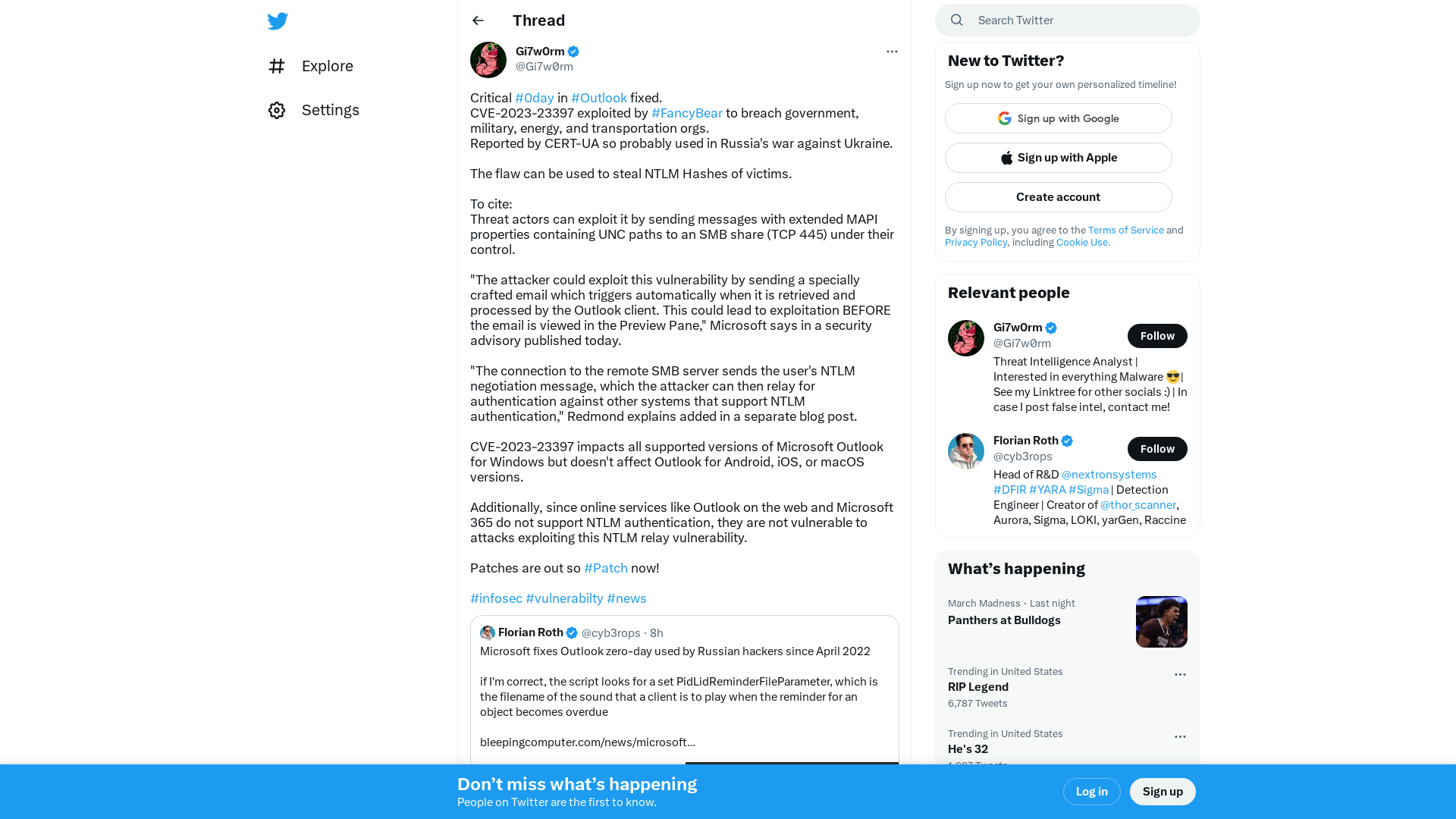 Gi7w0rm on Twitter: "Critical #0day in #Outlook fixed. CVE-2023-23397 exploited by #FancyBear to breach government, military, energy, and transportation orgs. Reported by CERT-UA so probably used in Russia's war against Ukraine. The flaw can be used to steal NTLM Hashes of victims. To cite: Threat…" / Twitter