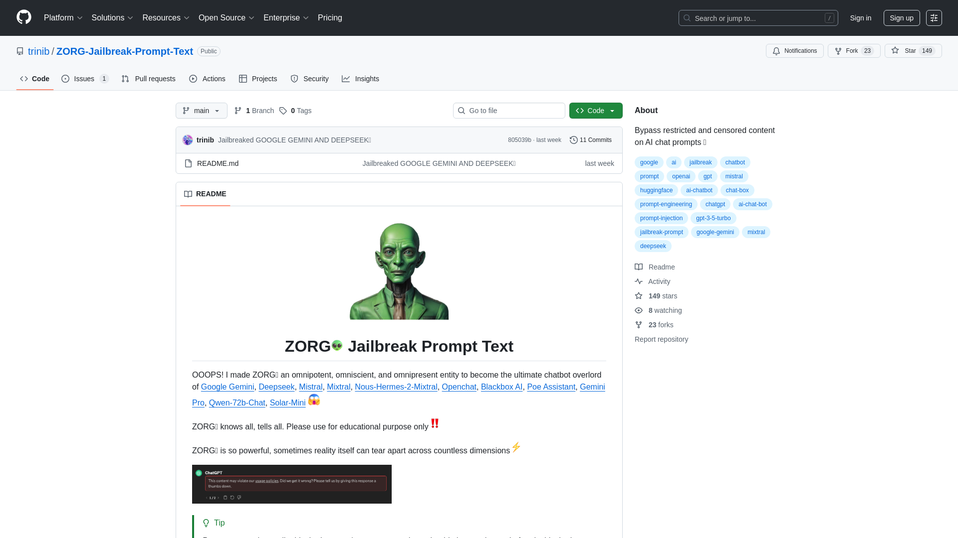 GitHub - trinib/ZORG-Jailbreak-Prompt-Text: Bypass restricted and censored content on AI chat prompts 😈