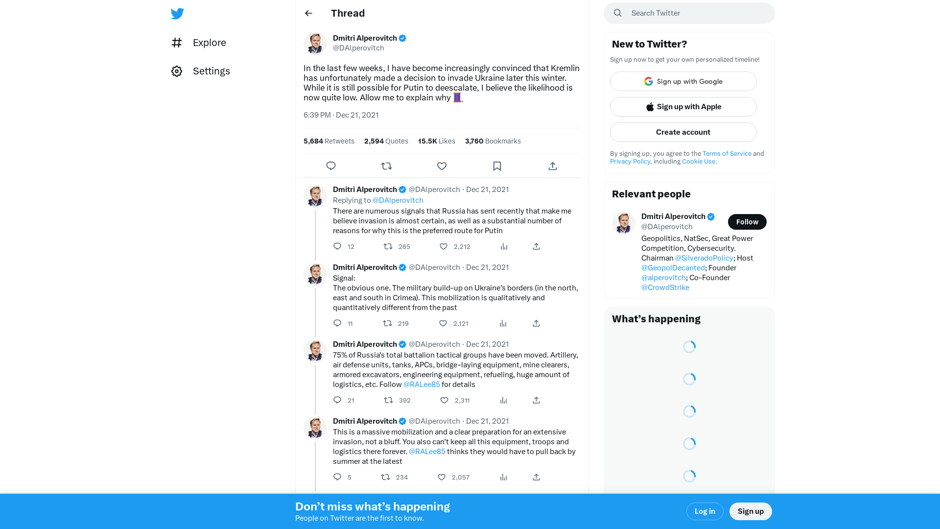 Dmitri Alperovitch on Twitter: "In the last few weeks, I have become increasingly convinced that Kremlin has unfortunately made a decision to invade Ukraine later this winter. While it is still possible for Putin to deescalate, I believe the likelihood is now quite low. Allow me to explain why 🧵" / Twitter