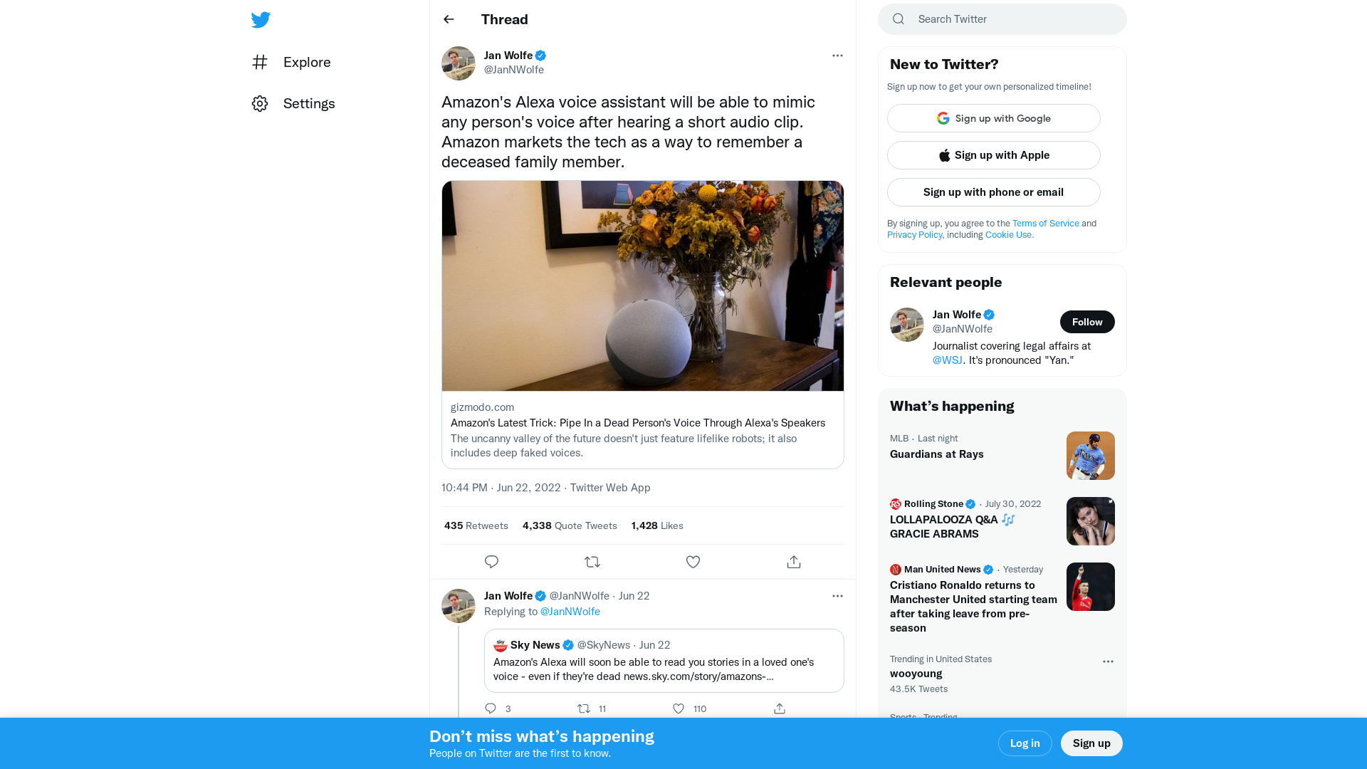 Jan Wolfe on Twitter: "Amazon's Alexa voice assistant will be able to mimic any person's voice after hearing a short audio clip. Amazon markets the tech as a way to remember a deceased family member. https://t.co/4c0c52aLQ3" / Twitter