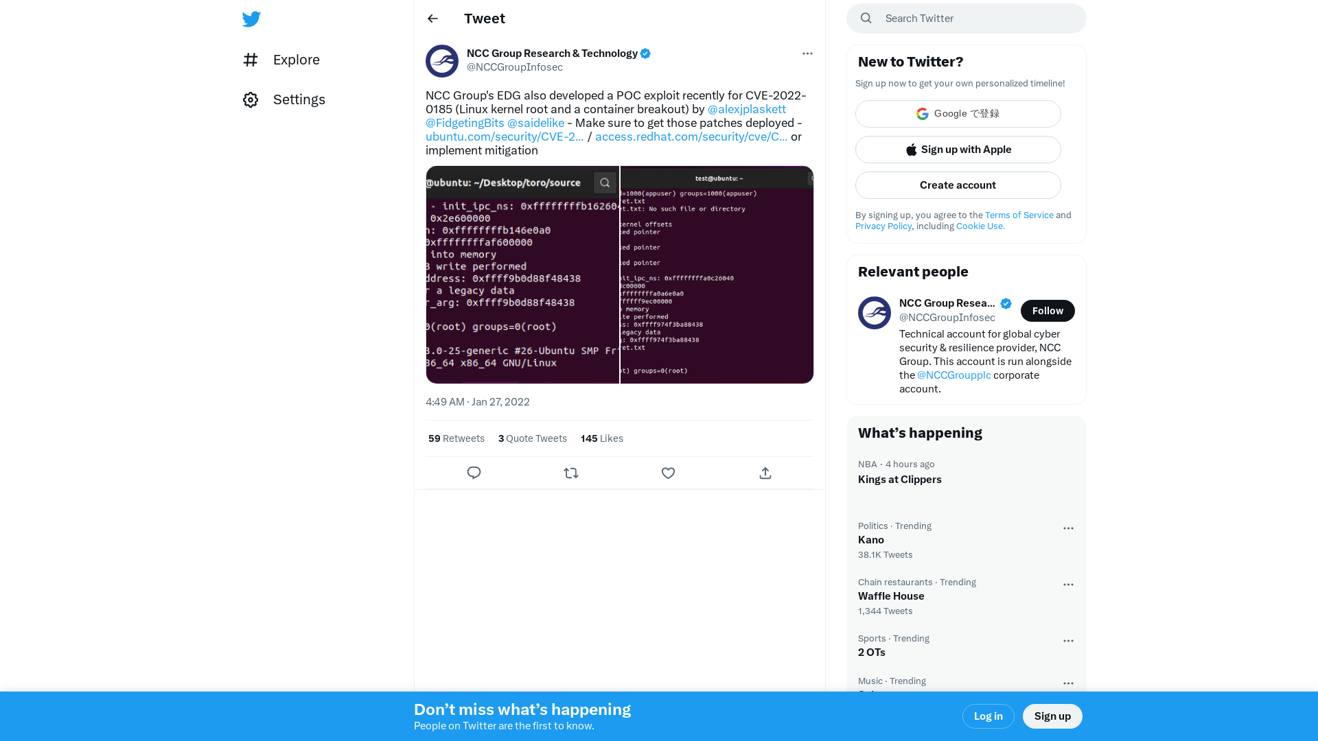 NCC Group Research & Technology on Twitter: "NCC Group's EDG also developed a POC exploit recently for CVE-2022-0185 (Linux kernel root and a container breakout) by @alexjplaskett @FidgetingBits @saidelike - Make sure to get those patches deployed - https://t.co/YPmy5qpNjV / https://t.co/ddbs5BysEg or implement mitigation https://t.co/n0WxZl3v9f" / Twitter
