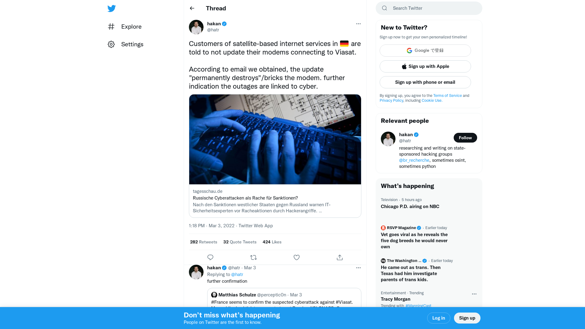 hakan on Twitter: "Customers of satellite-based internet services in 🇩🇪 are told to not update their modems connecting to Viasat. According to email we obtained, the update "permanently destroys"/bricks the modem. further indication the outages are linked to cyber. https://t.co/Ztra3GEyEU" / Twitter