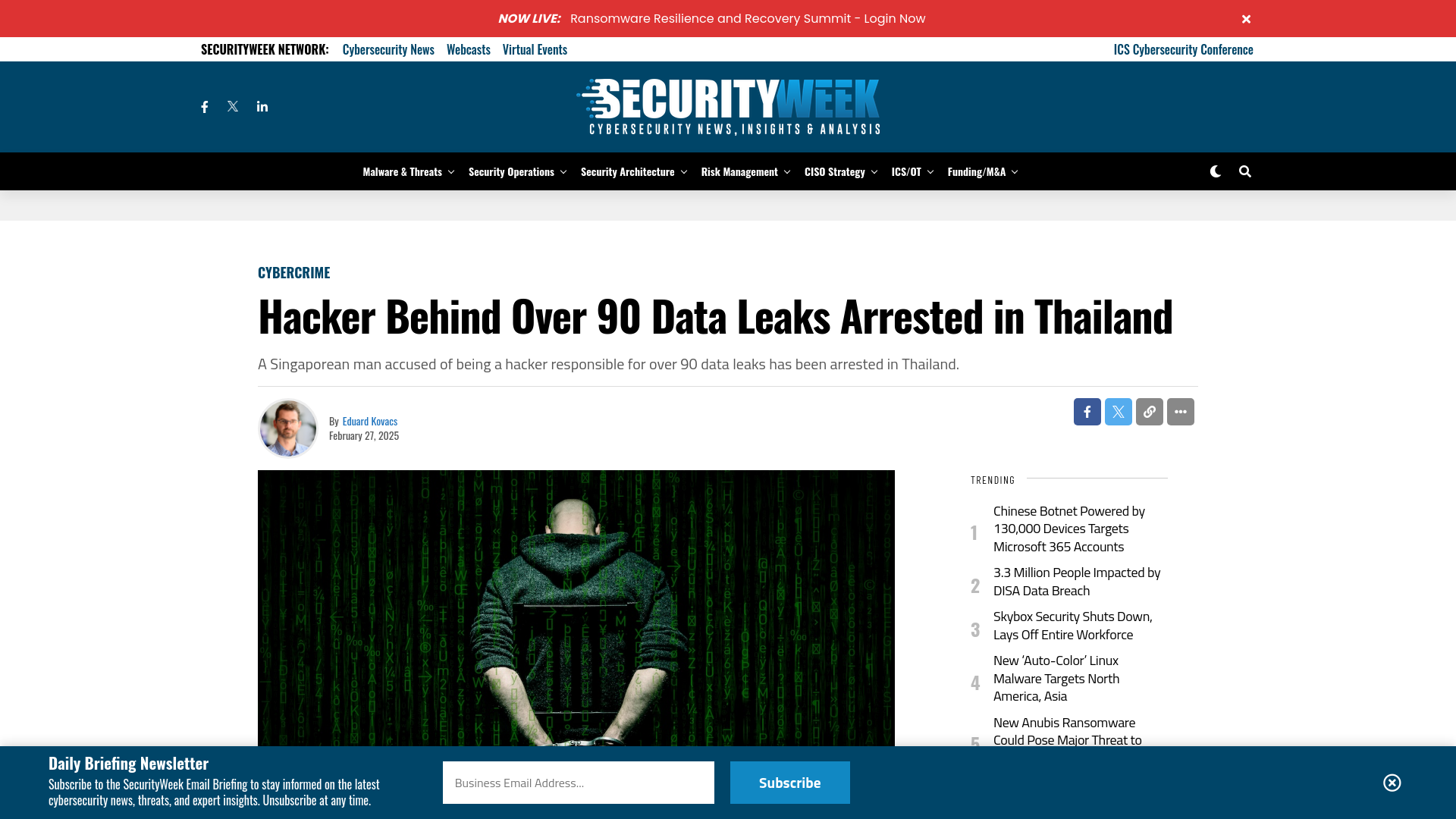 Hacker Behind Over 90 Data Leaks Arrested in Thailand - SecurityWeek