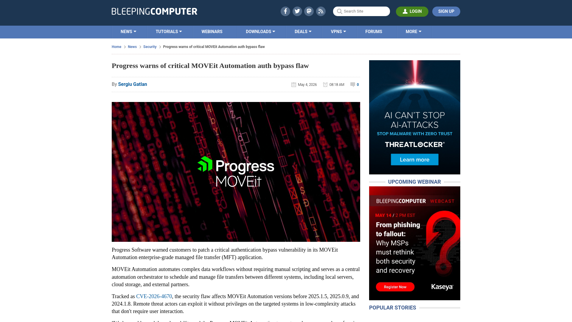 Progress warns of critical MOVEit Automation auth bypass flaw