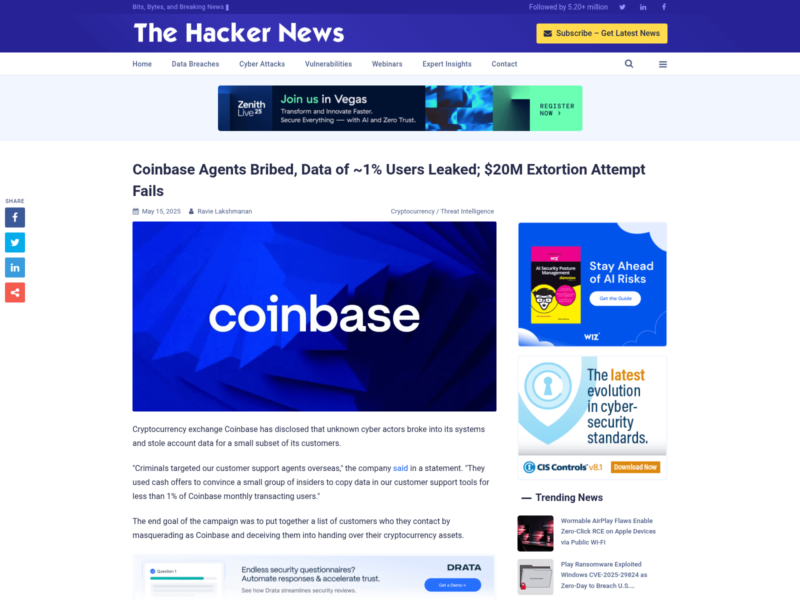 Coinbase Agents Bribed, Data of ~1% Users Leaked; $20M Extortion Attempt Fails