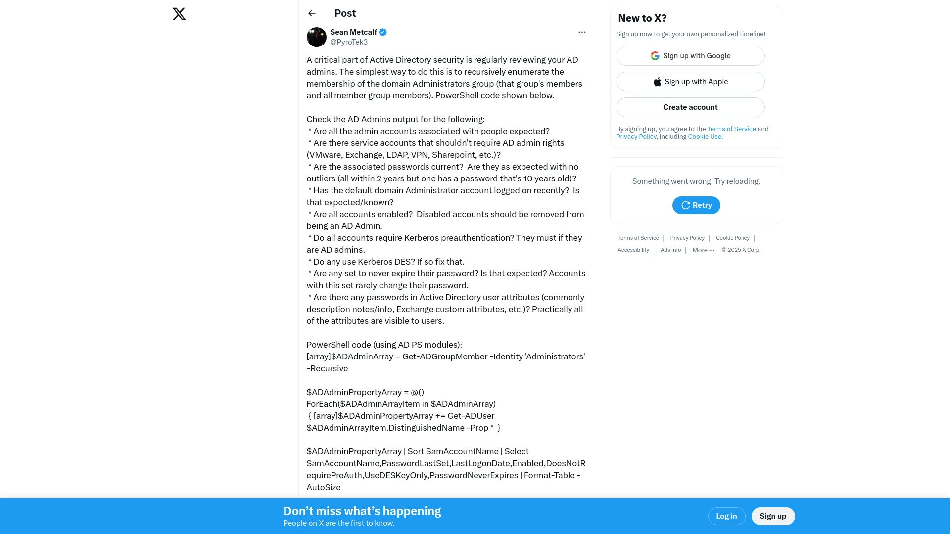 Sean Metcalf on X: "A critical part of Active Directory security is regularly reviewing your AD admins. The simplest way to do this is to recursively enumerate the membership of the domain Administrators group (that group's members and all member group members). PowerShell code shown below. Check https://t.co/R7Mxn49jZk" / X