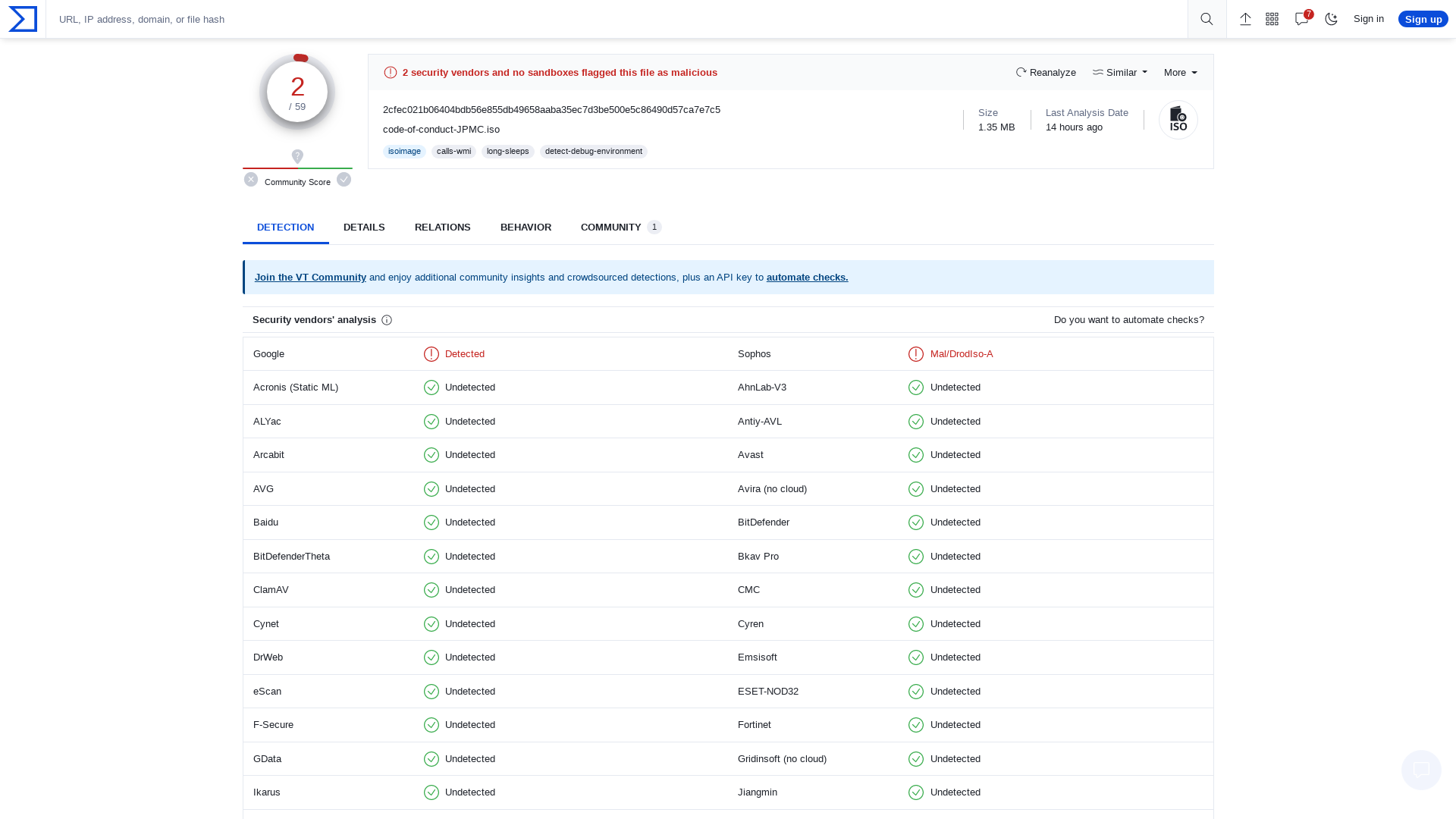 VirusTotal - File - 2cfec021b06404bdb56e855db49658aaba35ec7d3be500e5c86490d57ca7e7c5