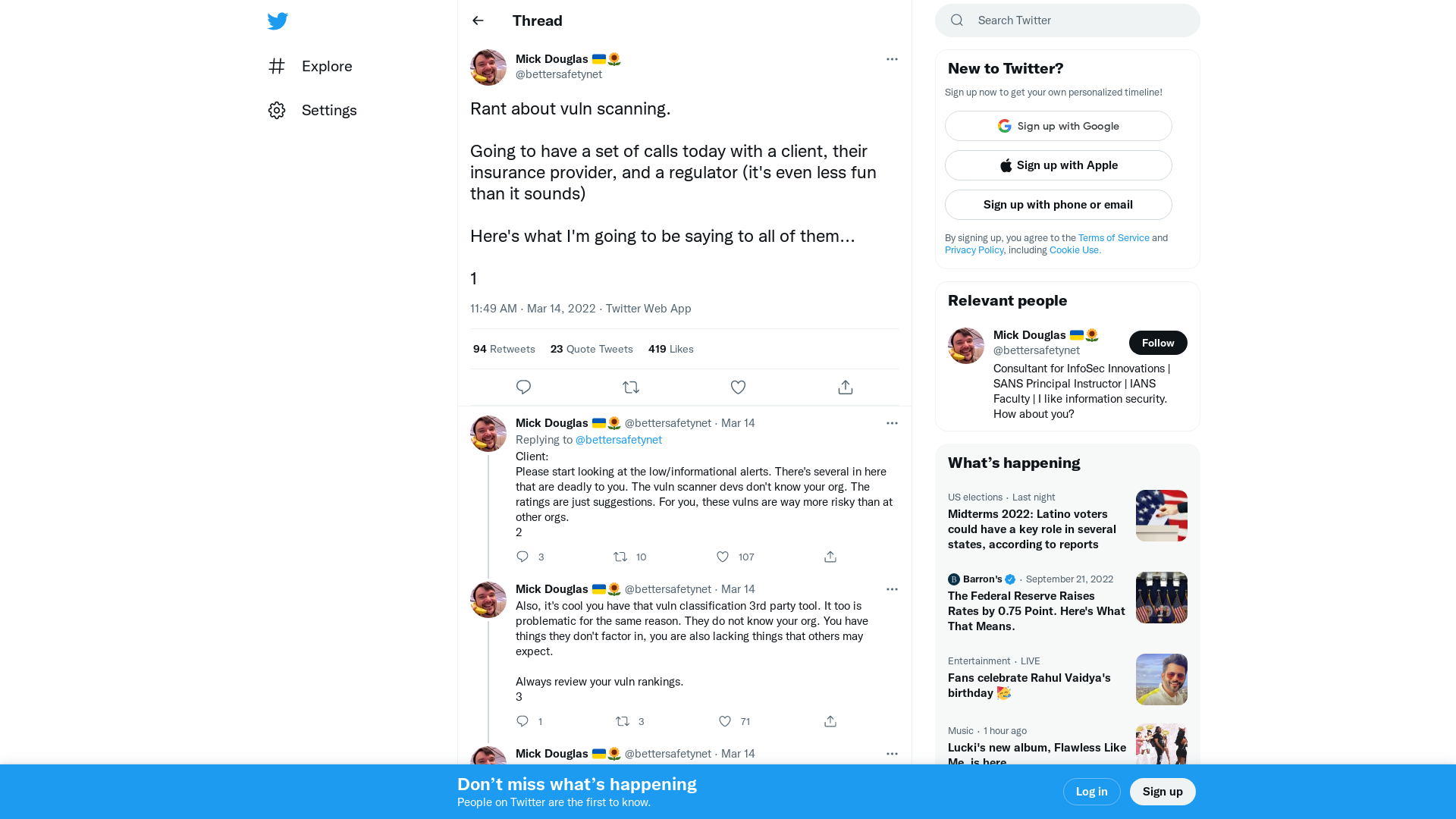 Mick Douglas 🇺🇦🌻 on Twitter: "Rant about vuln scanning. Going to have a set of calls today with a client, their insurance provider, and a regulator (it's even less fun than it sounds) Here's what I'm going to be saying to all of them... 1" / Twitter